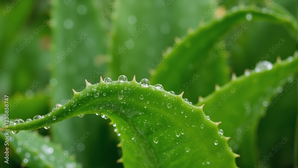 Soothing aloe vera leaf with water droplets in soft light Soothing aloe vera leaf with water droplets in soft light