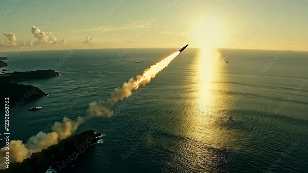 Missile launch at sunset over the ocean with trailing smoke and golden reflections on water