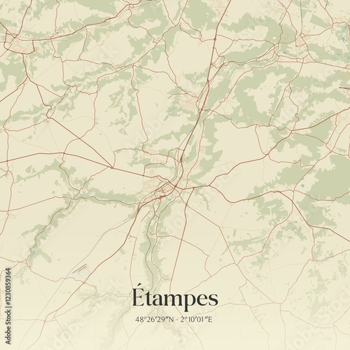 Retro map of �tampes, �le-de-France, France. Vintage street map.