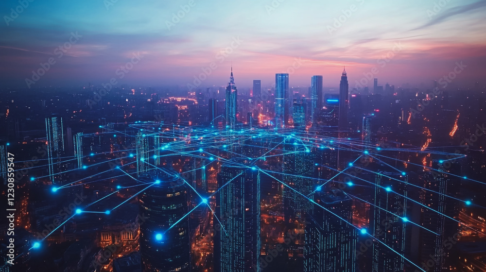 Fototapeta premium Abstract business man stands on Smart digital Innovation city with connection network reciprocity over the twilight cityscape. of future wireless digital city and social media networking systems