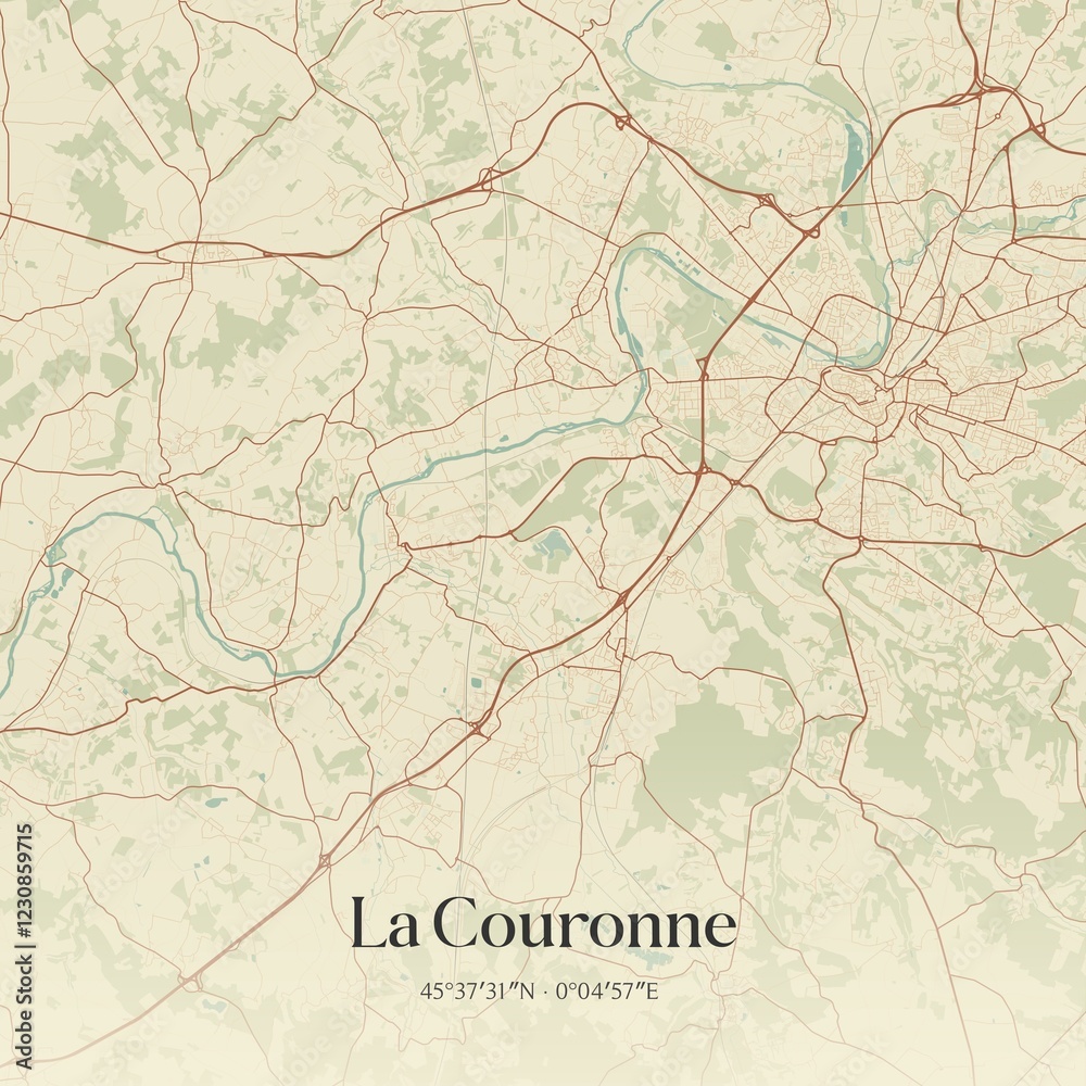 Obraz premium Retro map of La Couronne, Nouvelle-Aquitaine, France. Vintage street map.