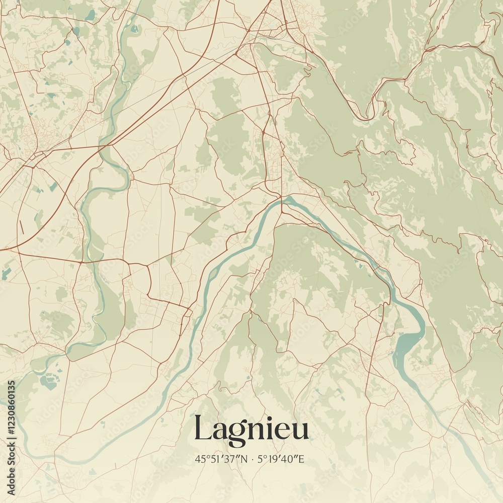 Fototapeta premium Retro map of Lagnieu, Auvergne-Rh�ne-Alpes, France. Vintage street map.