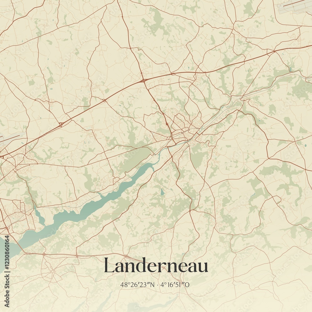 Fototapeta premium Retro map of Landerneau, Bretagne, France. Vintage street map.