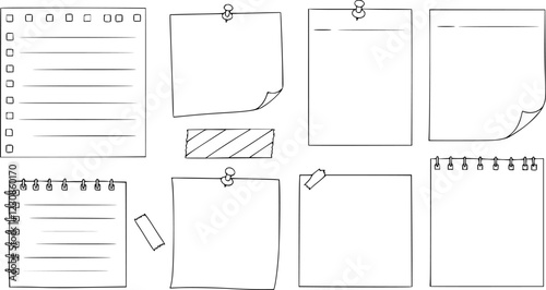 Doodle paper notes, stickers, sticky sheets and tape set. To do list, memo messages with curled corner, notepads and torn paper with pin
