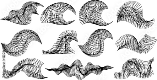 Abstract Distorted Outline Wireframe Retro futuristic Waves Set. Collection of grids, perspectives, striped shapes, elements.
