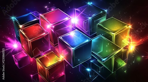 Vector artwork of 3D cubes with vibrant colorful reflections and glowing edges enhanced by bright lighting