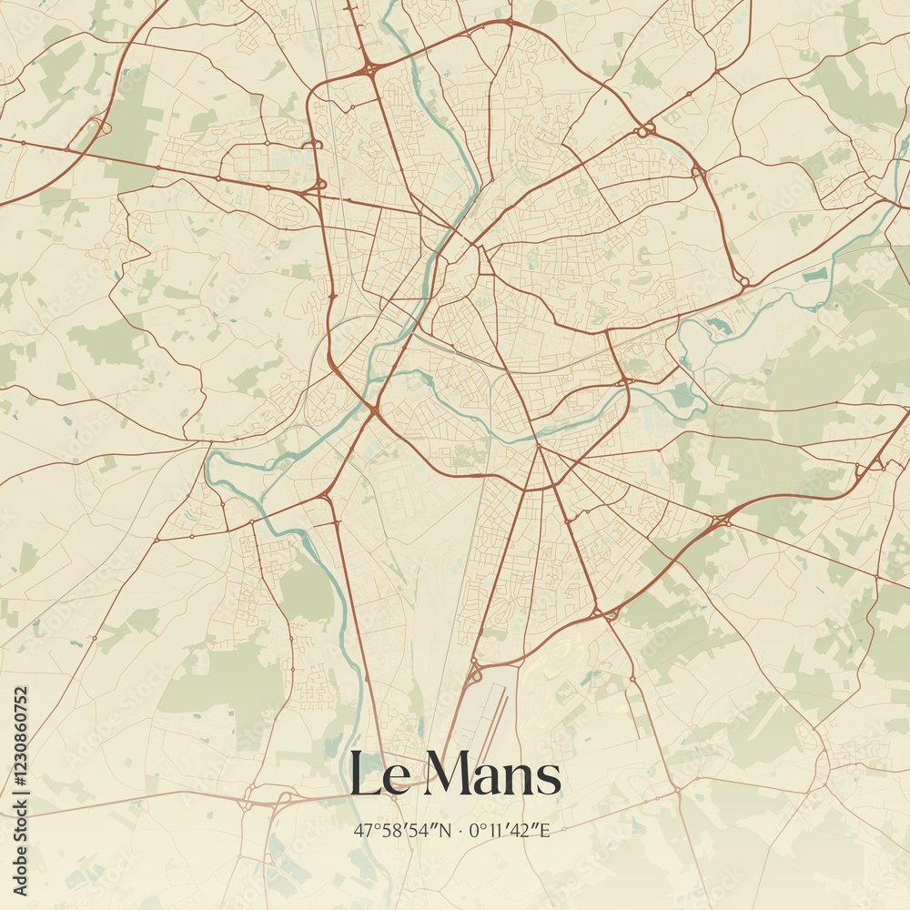Obraz premium Retro map of Le Mans, Pays de la Loire, France. Vintage street map.