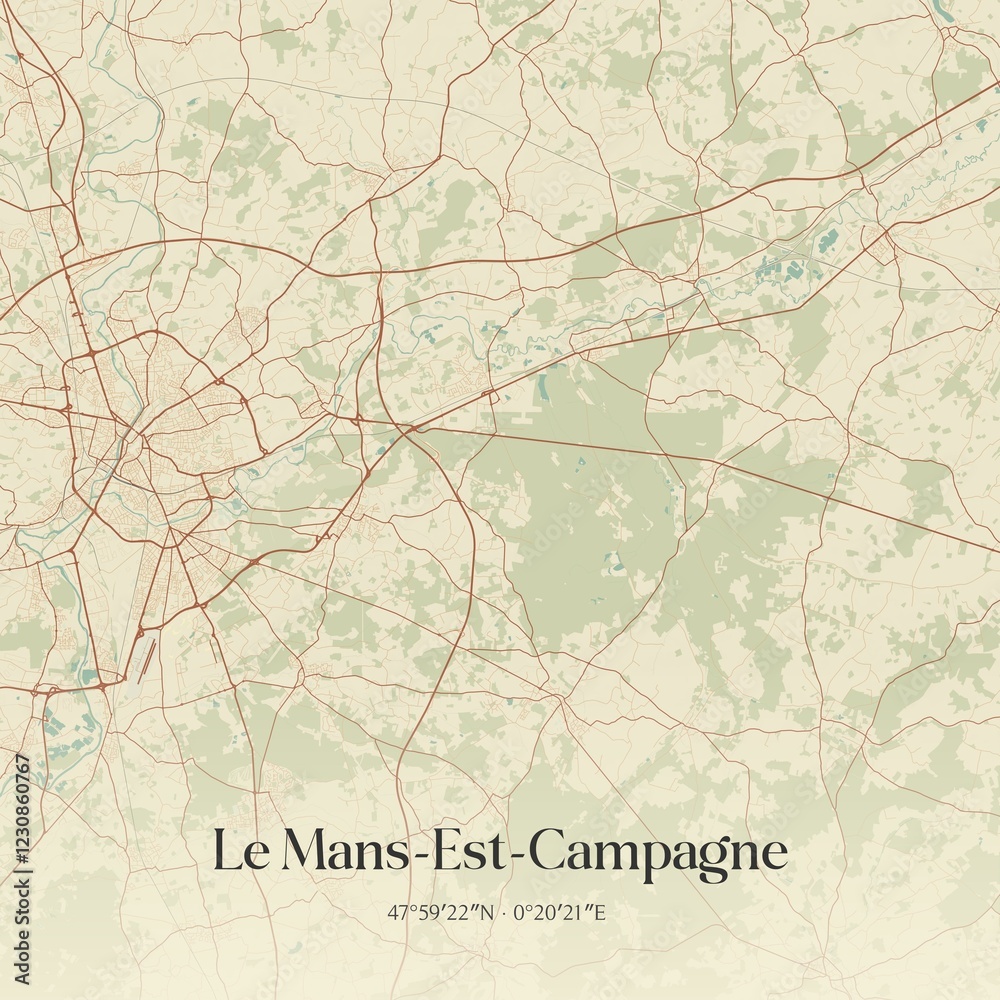 Fototapeta premium Retro map of Le Mans-Est-Campagne, Pays de la Loire, France. Vintage street map.