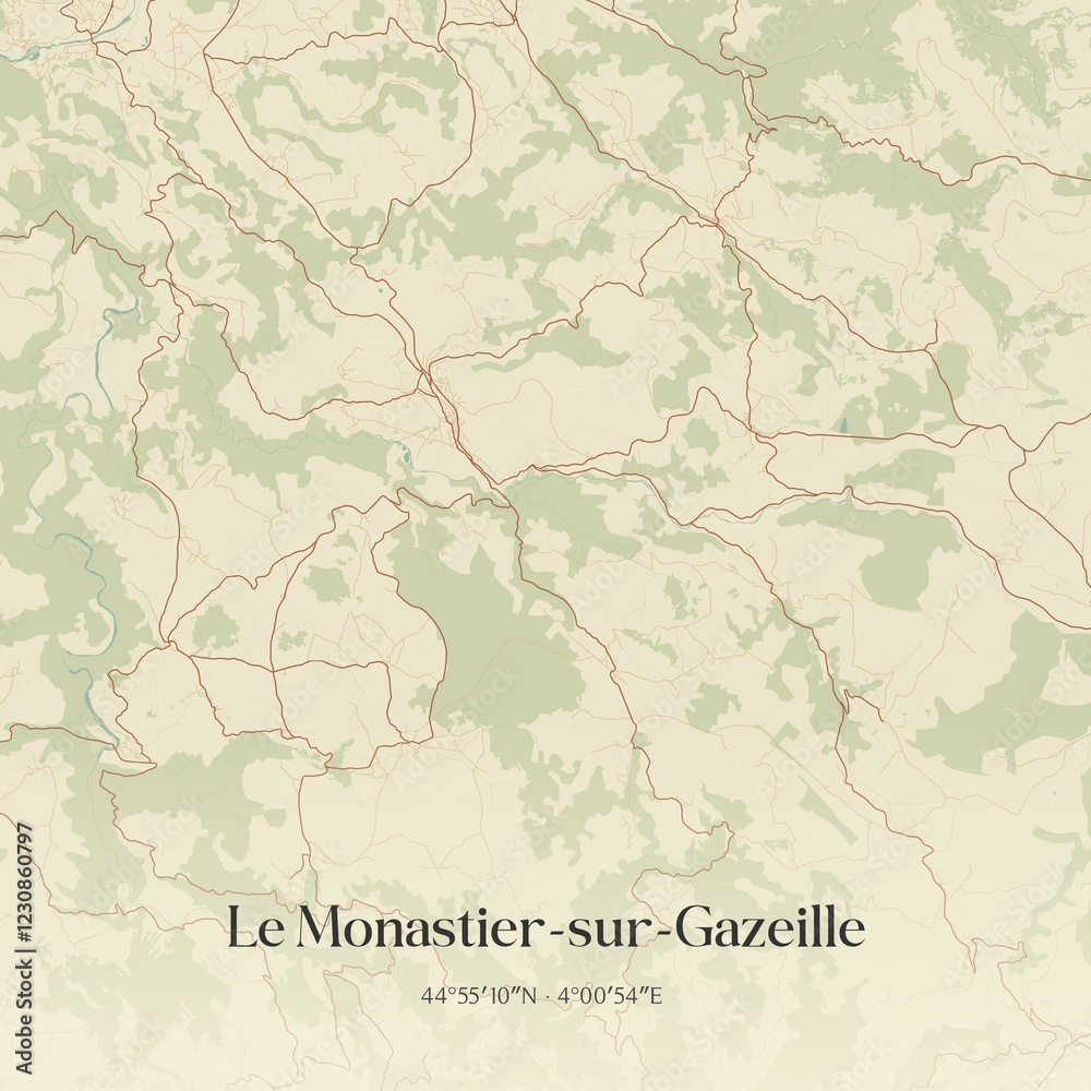 Fototapeta premium Retro map of Le Monastier-sur-Gazeille, Auvergne-Rh�ne-Alpes, France. Vintage street map.