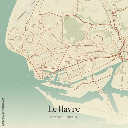 Fototapeta Naklejka Na Ścianę i Meble -  Retro map of Le Havre, Normandie, France. Vintage street map.