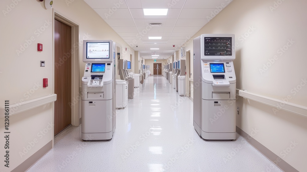 Modern Hospital Corridor with Medical Equipment and Technology Modern Hospital Corridor with Medical Equipment and Technology
