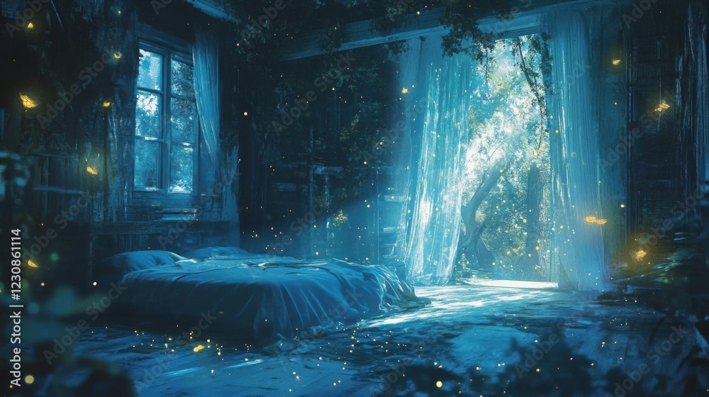 Enchanted Abandoned Room: Dark Blue and Green Hues, Glowing Plants, Fireflies Enchanted Abandoned Room: Dark Blue and Green Hues, Glowing Plants, Fireflies