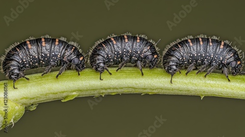 Four black and orange larvae crawl in a row on a green stem.