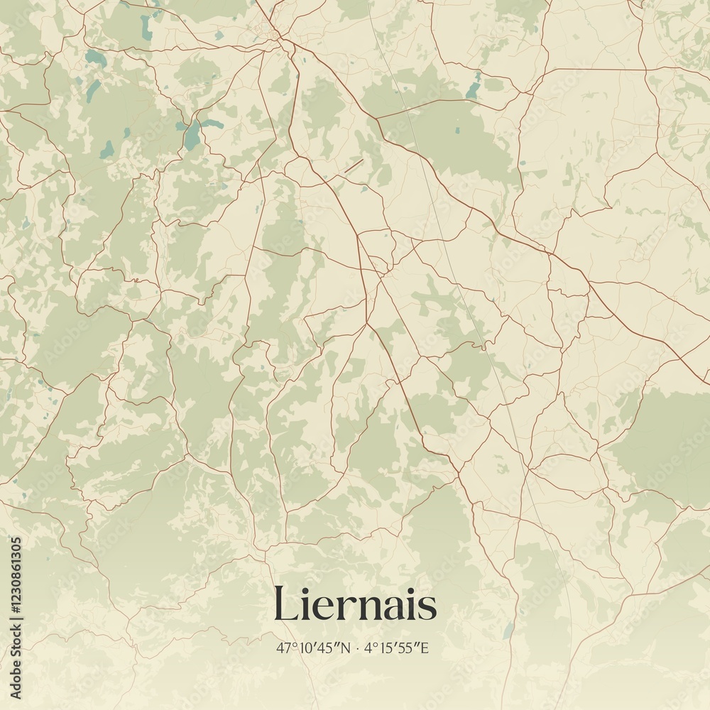 Fototapeta premium Retro map of Liernais, Bourgogne-Franche-Comt�, France. Vintage street map.
