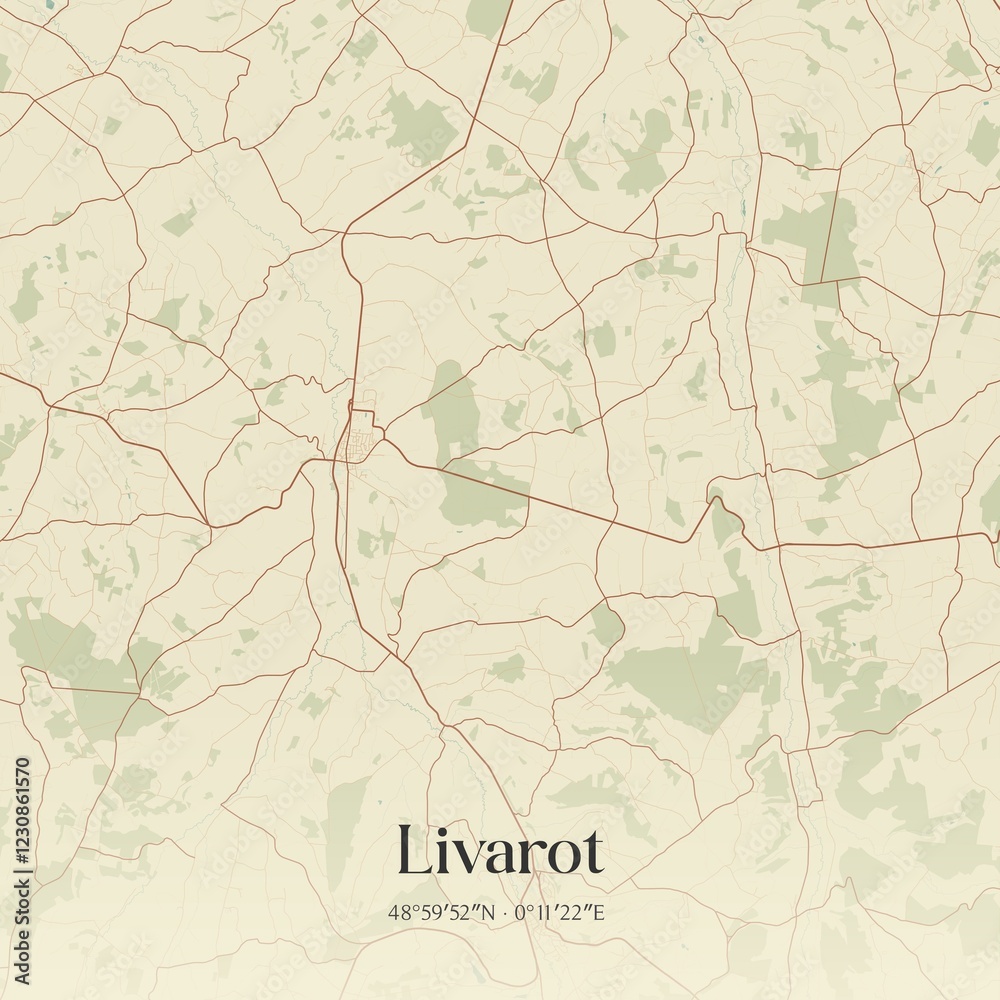 Fototapeta premium Retro map of Livarot, Normandie, France. Vintage street map.