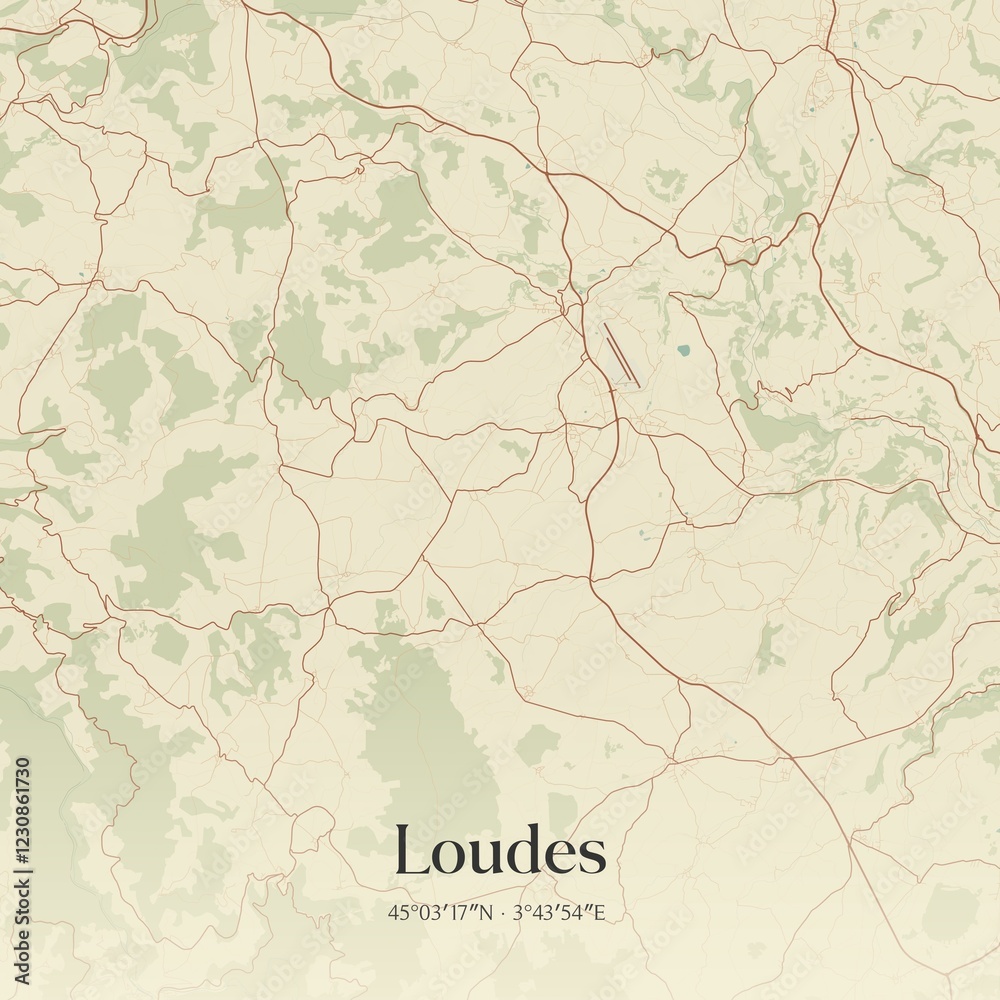 Fototapeta premium Retro map of Loudes, Auvergne-Rh�ne-Alpes, France. Vintage street map.