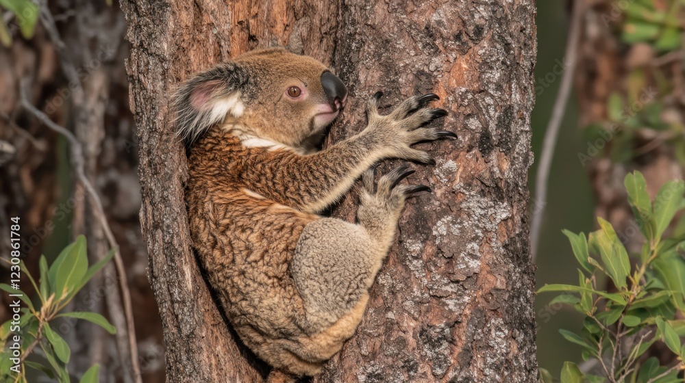 Obraz premium Young koala clinging to a tree trunk.