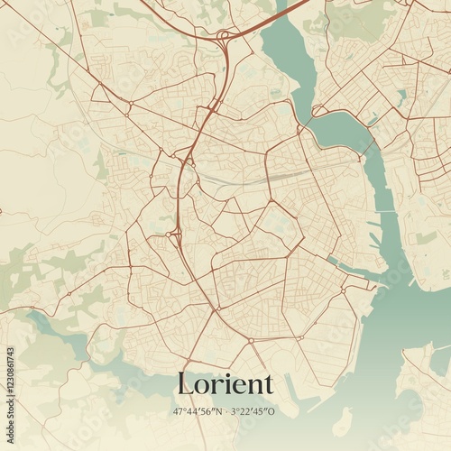Fototapeta Naklejka Na Ścianę i Meble -  Retro map of Lorient, Bretagne, France. Vintage street map.