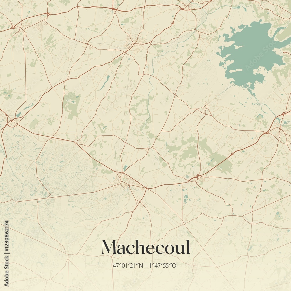 Obraz premium Retro map of Machecoul, Pays de la Loire, France. Vintage street map.