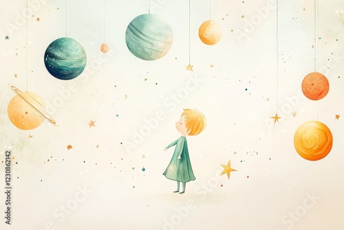 An imaginative illustration of the Little Prince surrounded by floating planets and stars, creating a sense of wonder 