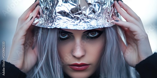 woman wearing tinfoil hat