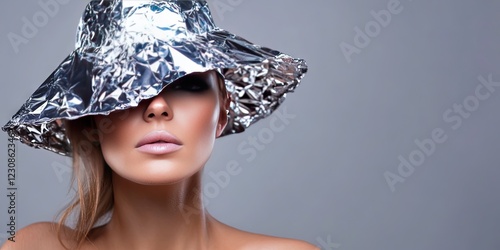 woman wearing tinfoil hat