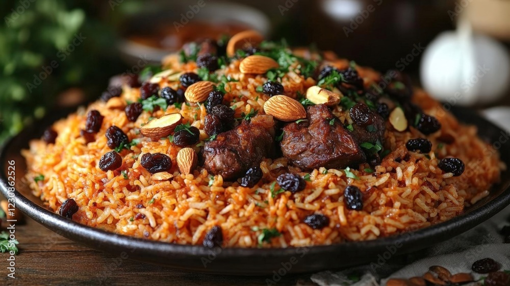 Close-Up of Lamb and Rice Dish with Raisins and Almonds Close-Up of Lamb and Rice Dish with Raisins and Almonds