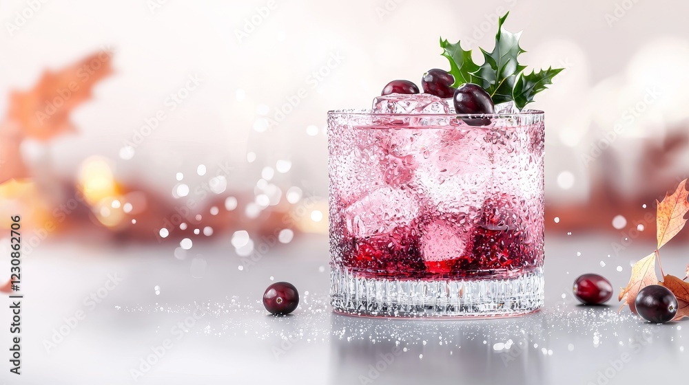 A glass of cranberry gin and tonic with festive garnishes, surrounded by autumn leaves, photorealistic, bright highlights, isolated on white background A glass of cranberry gin and tonic with festive garnishes, surrounded by autumn leaves, photorealistic, bright highlights, isolated on white background