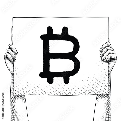 Hand raising a sign that says Bitcoin Icon