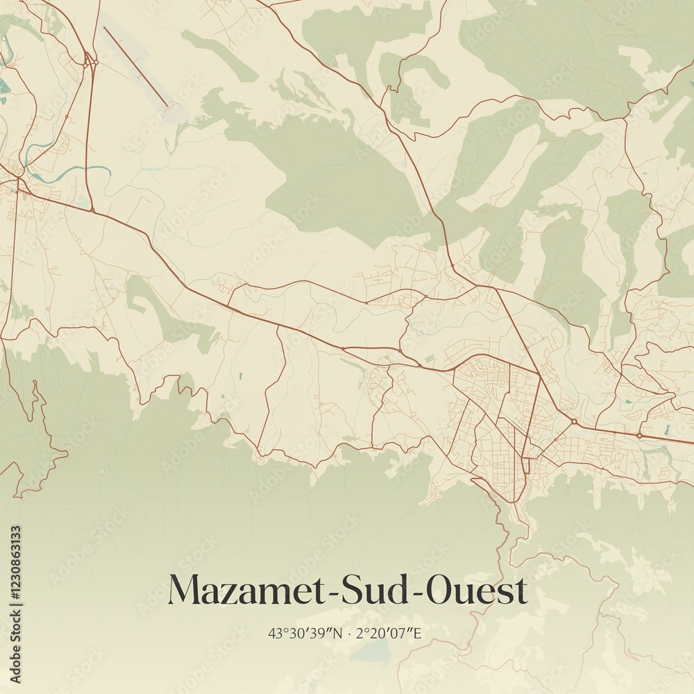 Obraz premium Retro map of Mazamet-Sud-Ouest, Occitanie, France. Vintage street map.