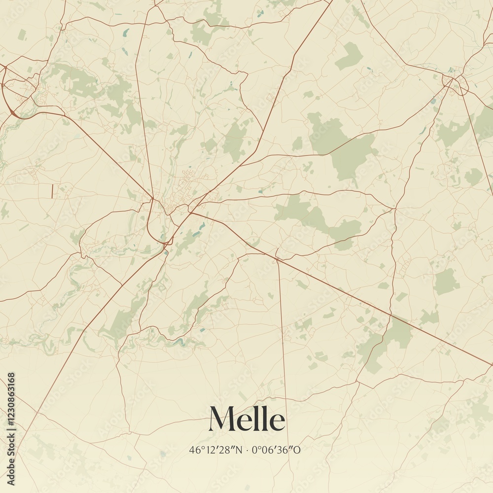 Fototapeta premium Retro map of Melle, Nouvelle-Aquitaine, France. Vintage street map.