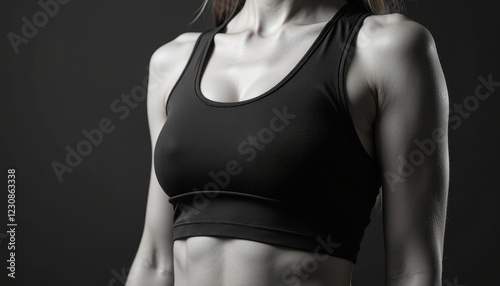 Athletic Mockup: Woman in Black Sports Bra Against Dark Background photo