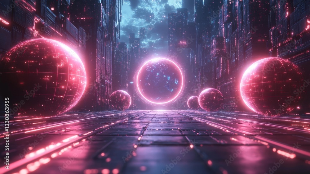 Cyberpunk virtual reality world with glowing spheres. Generative AI Cyberpunk virtual reality world with glowing spheres. Generative AI
