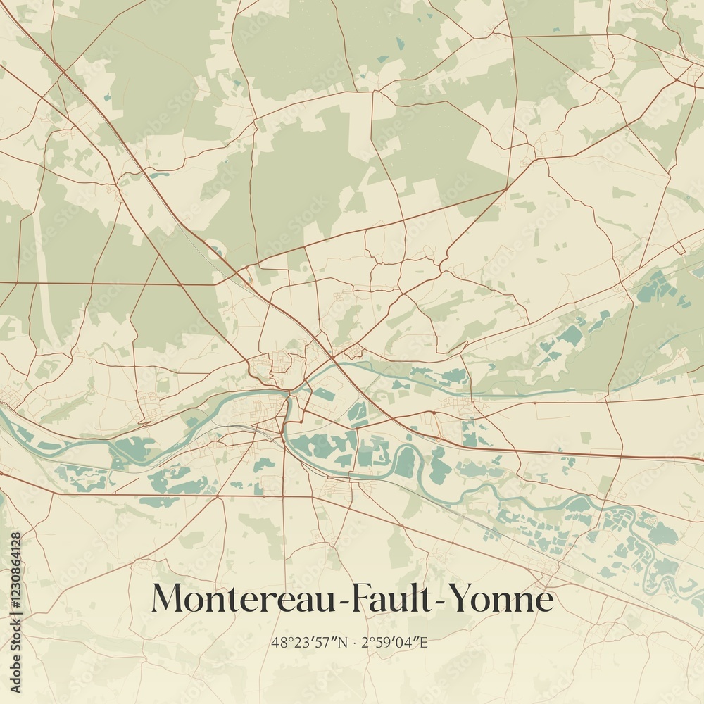 Fototapeta premium Retro map of Montereau-Fault-Yonne, �le-de-France, France. Vintage street map.