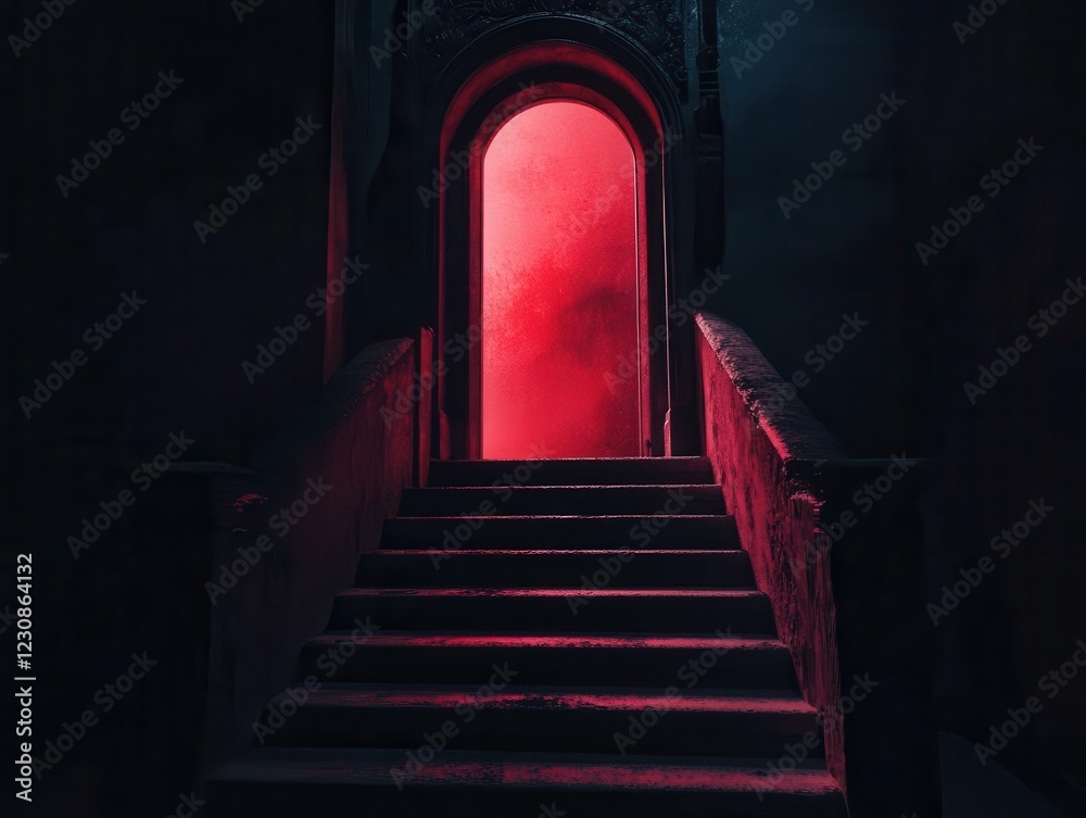 a mysterious concrete staircase ascending into darkness, illuminated by an ethereal crimson glow emanating from an ornate doorway, cinematic noir atmosphere with deep shadows a mysterious concrete staircase ascending into darkness, illuminated by an ethereal crimson glow emanating from an ornate doorway, cinematic noir atmosphere with deep shadows