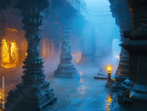 a mystical shiva temple at twilight, ethereal blue mist swirling around ornate stone carvings, golden oil lamps casting warm light, devotees in meditation, sacred symbols glowing photo