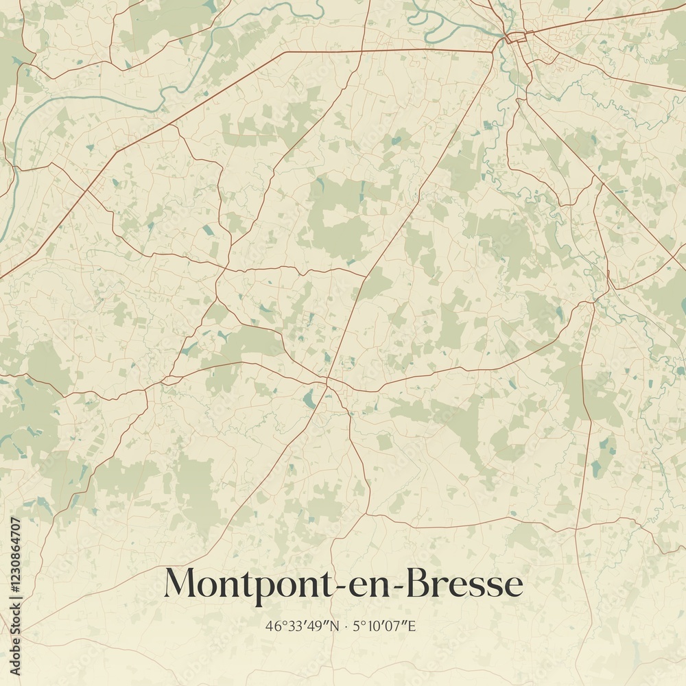 Obraz premium Retro map of Montpont-en-Bresse, Bourgogne-Franche-Comt�, France. Vintage street map.