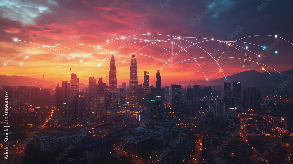 Fototapeta premium Abstract business man stands on Smart digital Innovation city with connection network reciprocity over the twilight cityscape. of future wireless digital city and social media networking systems