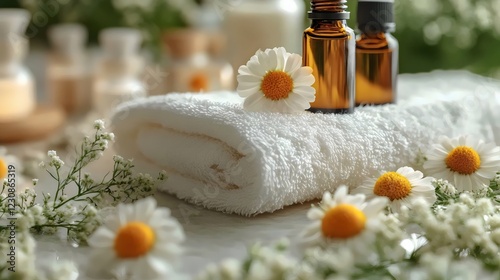 A white towel is placed on a table with a bunch of flowers