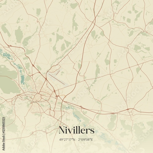 Retro map of Nivillers, Hauts-de-France, France. Vintage street map.