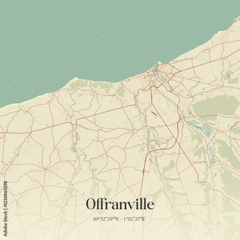 Retro map of Offranville, Normandie, France. Vintage street map.