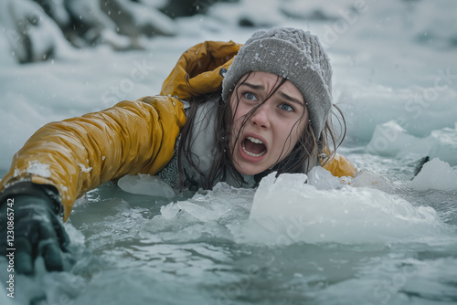 A young woman has fallen through the ice. Her face is filled with fear and despair