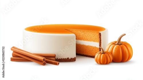 A full pumpkin cheesecake with a slice cut out, cinnamon sticks and mini pumpkins beside, photorealistic, isolated on white background
