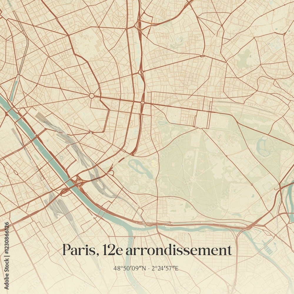 Obraz premium Retro map of Paris, 12e arrondissement, �le-de-France, France. Vintage street map.