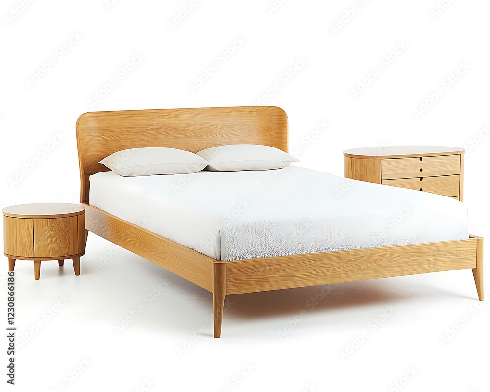 A wooden bed with a white sheet and pillows