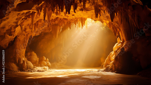 Dramatic dimly lit entrance to a small eerie inner cave, surrounded by ancient stalactites and stalagmites, misty atmosphere, warm golden natural light filtering in. Gilded Cavern. Illustration