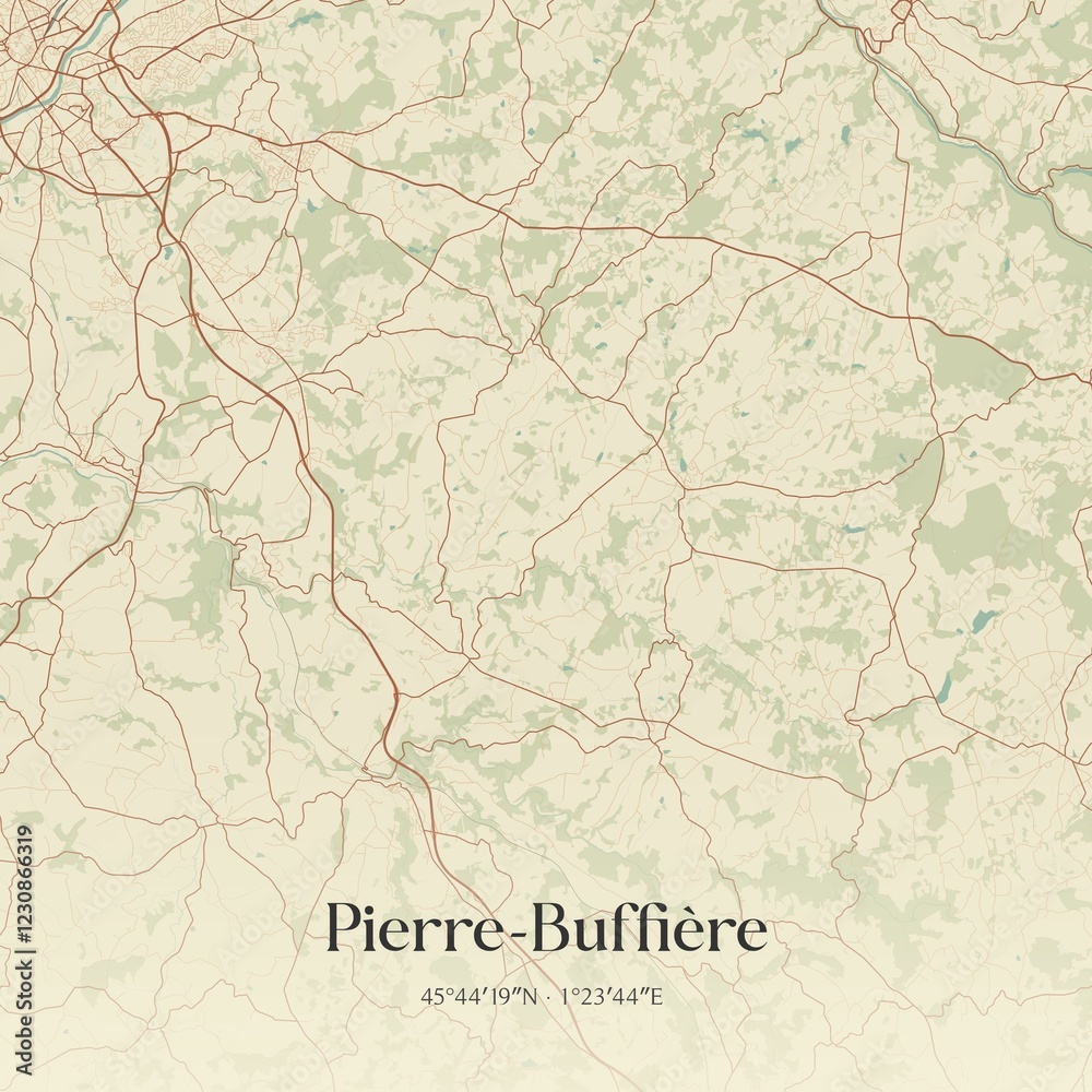 Fototapeta premium Retro map of Pierre-Buffi�re, Nouvelle-Aquitaine, France. Vintage street map.
