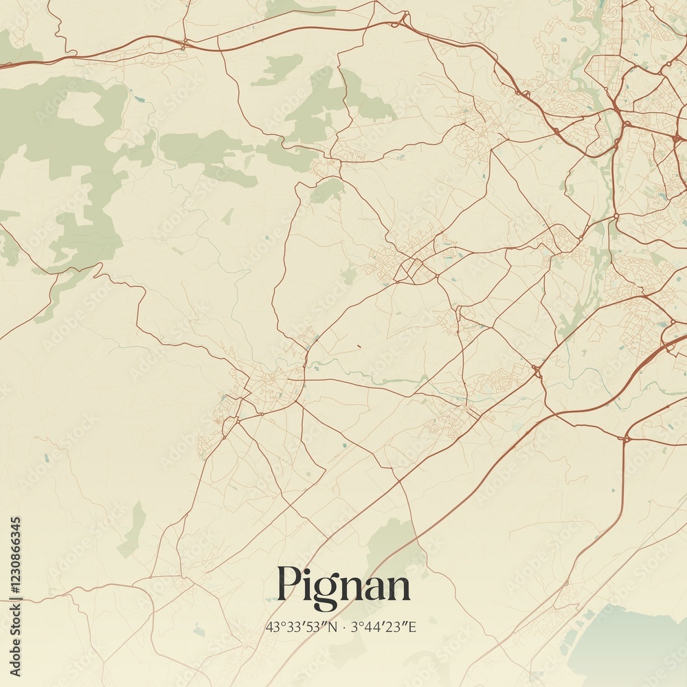 Obraz premium Retro map of Pignan, Occitanie, France. Vintage street map.