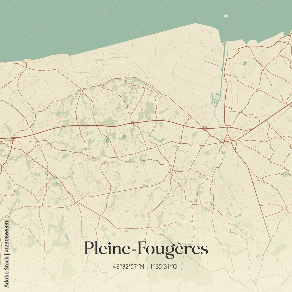 Obraz premium Retro map of Pleine-Foug�res, Bretagne, France. Vintage street map.