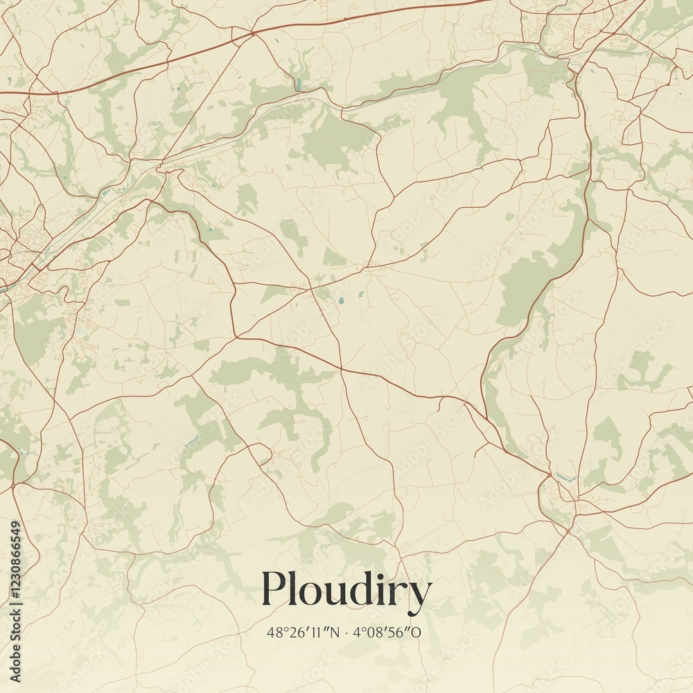 Fototapeta premium Retro map of Ploudiry, Bretagne, France. Vintage street map.